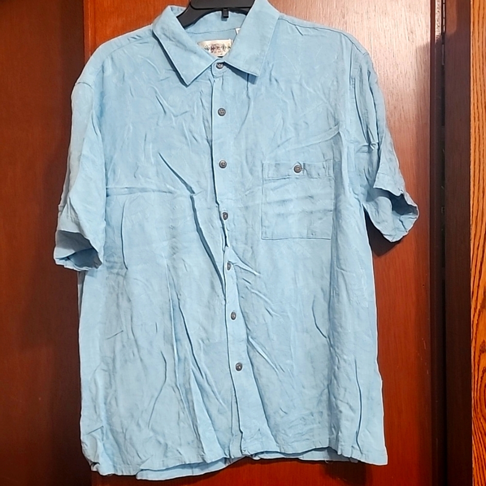 Moda Campia Easy Care Embossed 100% Rayon Short Sleeve Button Down Sz XL